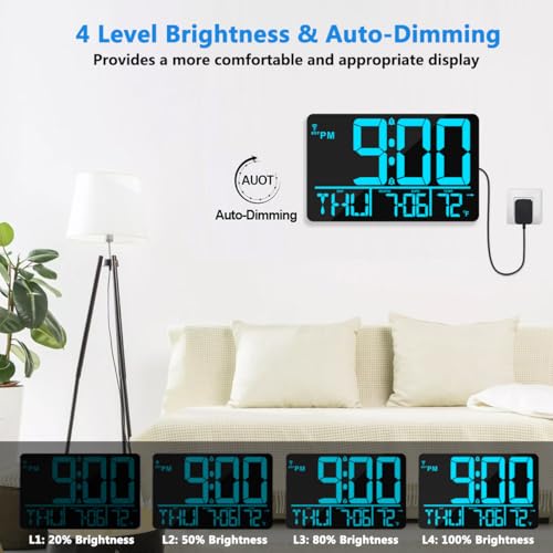 13" Bluetooth Auto Sync Wall Clock - Large Digital Alarm Clock with Remote - style: Blue Numbers