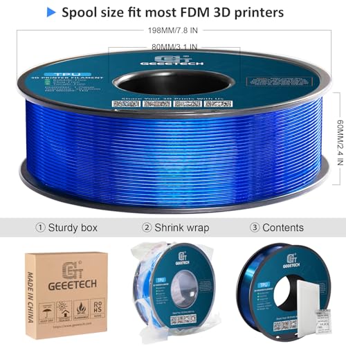 Geeetech TPU Filament 1.75mm, Shore 95A Flexible 3D Printer Filament with High Elasticity, 1KG (2.2lbs) Spool, Dimensional Accuracy ±0.03mm, Fits Most FDM Printers, Clear Blue - color: Tpu Clear Blue