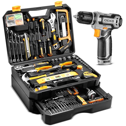 Tool Kit Box Drill Set：DEKOPRO Home Mechanic Toolbox with 12V Power Cordless Drill Hand Repair Tools Sets Combo Kits Storage Organizer Drawer Case for Men - color: Yellow