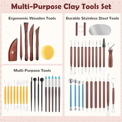 52PCS Pottery Tools Kit for Sculpting, Ceramic Tools, Clay Carving Tools for Polymer Clay, Modeling, Trimming, Molding, Shaping, Pottery Kiln, Arts Crafts Supplies, Adults, Students, Beginners, Pros - color: 52PCS