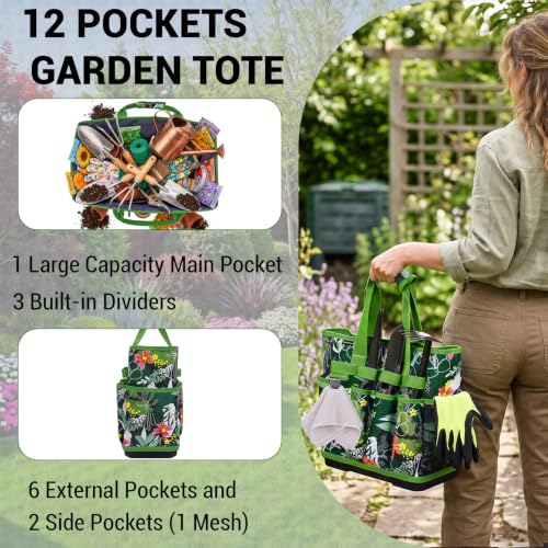MELOTOUGH 12-Pocket Garden Tool Bag with Hard Bottom, Gardening Tote, Green - color: Green Leaf