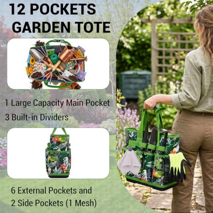 MELOTOUGH 12-Pocket Garden Tool Bag with Hard Bottom, Gardening Tote, Green - color: Green Leaf