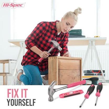 Hi-Spec Tool Kit, General Household Hand Tool Set with Toolbox Storage Case, All-in-One Compact Toolkit for DIY & Dorm Use, Pink - color: Pink