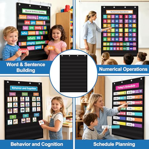 AUVCAS 10-Pocket Standard Pocket Chart for Classroom & Homeschool,Black - color: Black, size: 43"L x 28"W
