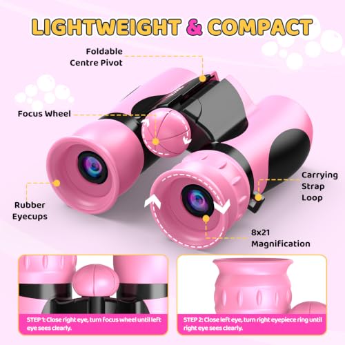 8x21 Kids Binoculars with 25 Scavenger Hunt Cards|Compass|Magnifying Glass, 3-12 Year Old Girls Birthday Gift Outdoor Explorer Kit for Girl Kid Ages 4-6-8-12 STEM Camping Toy Bird Watching Hiking - color: Pink