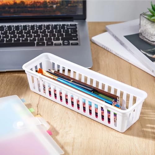Domensi 12 Pack Slim Plastic Storage Basket Tray Organizer, White - color: White