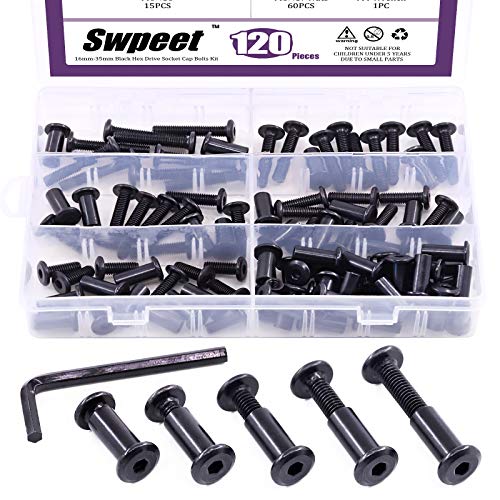 Swpeet 120Pcs M6x16mm/20mm/25mm/30mm/35mm Carbon Steel Black Hex Drive Socket Cap Bolts Barrel Nuts Kit with 1Pcs Allen Wrench, Screw Post Fit for Furniture Countsunk Belt Buckle Leather Binding Bolts - size: M6x16mm/M6x20mm/M6x25mm/M6x30mm/M6x35mm