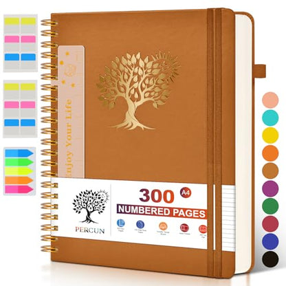 PERCUN Spiral Notebook 300 Numbered Lined Pages Hardcover Journal 8.5"x11" - color: Brown, size: A4 size (8.5in x 11.5in)