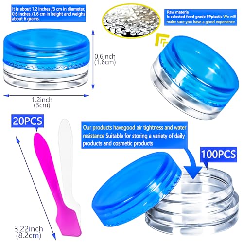 100 Pcs 3g Empty Plastic Containers with Lids,Tiny Makeup Sample Containers, Small Pot Jars Blue Round Cosmetic Jars with 20 Pcs Mini Spatulas for Liquid Sample Powder Creams (Blue Lid) - color: Blue, size: 100PCS