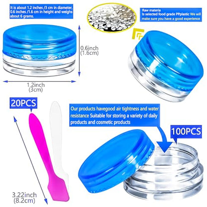 100 Pcs 3g Empty Plastic Containers with Lids,Tiny Makeup Sample Containers, Small Pot Jars Blue Round Cosmetic Jars with 20 Pcs Mini Spatulas for Liquid Sample Powder Creams (Blue Lid) - color: Blue, size: 100PCS