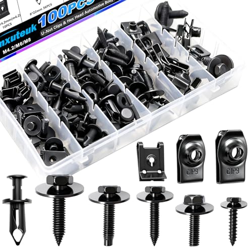 mxuteuk 100PCS U-Nut Clips & Hex Head Automotive Body Fender Bolts Kit,M4.2/M6/1/4/M8 Automotive Bolt for Most Cars Fender,Engine Undertray Cover, Engine Cover & Bumper Fender Liner - color: Black/4Size Assortment Kit