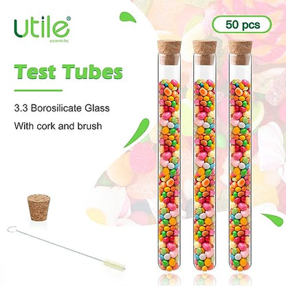 Utile 50pcs Glass Test Tubes, 3.3 Borosilicate Glass Material, 20ml Test Tubes, with Cork Stoppers and Brush, 4004.9012.50 - style: 50pcs of 16x150mm
