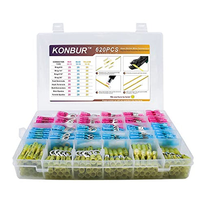 620Pcs Heat Shrink Wire Connectors - Insulated Electrical Terminals Kit - Waterproof Marine Automotive Crimp Connector Assortment - Ring Fork Hook Spade Butt Splices - size: 620PCS