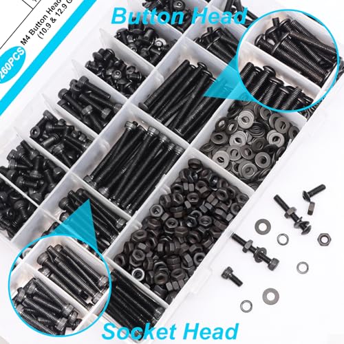 1260Pcs M4 Screw Kit, M4x6/8/12/16/20/25/30/40mm Metric Screws Bolts and Nuts Kit, 10.9 & 12.9 Grade Alloy Steel Button Head and Socket Head Screws, Metric Bolts for 3D Printing - color: BK-M4 x 6-40mm