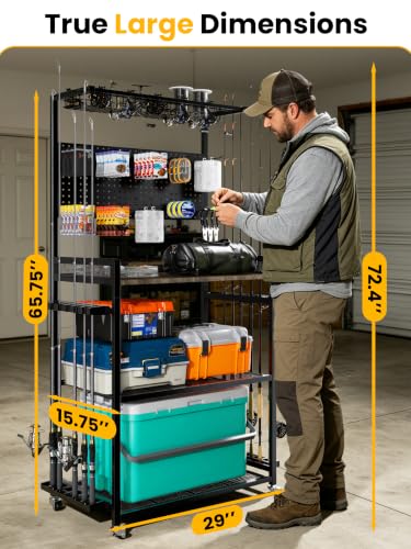 SOYEEZE Fishing Rod Holders for Garage,Fishing Gear Holder for Fishing Rod Tackle Box Storage，Fishing Pole Holders for 12 Rods with Hooks and Pegboard,Fishing Cart with Reel Rack, Large Size - size: Large with wheels