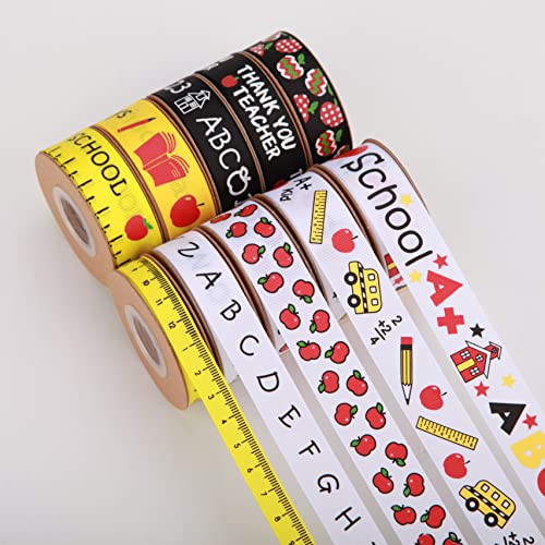 Meseey Back to School Themed Grosgrain Ribbon Ruler School Bus Apple ABC Pencil Backpack Books Chalkboard Printed Craft Ribbons for Teacher Appreciation,Wreath,Gift Wrapping (School Theme Set) - color: School Theme Set