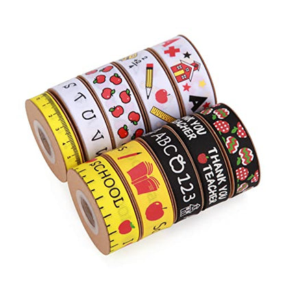 Meseey Back to School Themed Grosgrain Ribbon Ruler School Bus Apple ABC Pencil Backpack Books Chalkboard Printed Craft Ribbons for Teacher Appreciation,Wreath,Gift Wrapping (School Theme Set) - color: School Theme Set