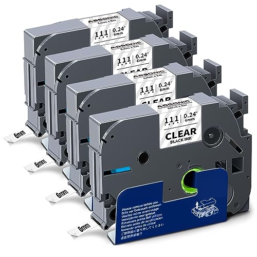 4-Pack Compatible for Brother Tze-111 6mm 0.23" Black on Clear Label Tape - color: Black on Clear