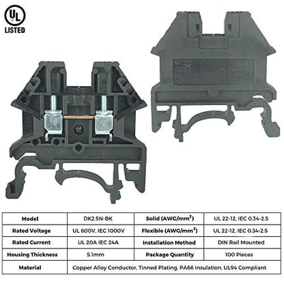 DIN Rail Terminal Blocks Kit by International Connector 20 Dinkle DK2.5N DIN Terminal Block Connectors 12-22 AWG Gauge 20A 600V, Ground Blocks, Jumpers, End Covers, End Brackets on 8'' Aluminum Rail