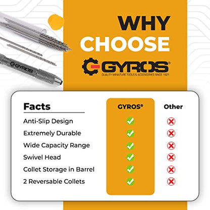 GYROS Swivel Head Pin Vise Hand Drill, 0"(0mm) to 1/8"(3.175mm) w/Anti-Slip Nickel Plated Steel Body & 2 Reversible Collets, Small Hand Drill for Precision Drilling of Jewelry, Plastic, & Wood