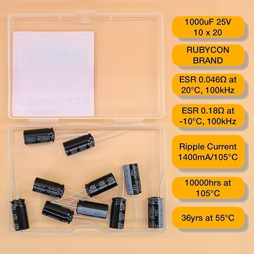 1000uF 25V 10x20mm Rubycon Electrolytic Capacitor Low ESR 0.046Ω Long Life 36yrs at 55 Degree C mfd mircofarad Micro Farad Radial Lead Aluminum Capacitors (Pack of 10) - style: 1000uF 25V 10x20mm Rubycon