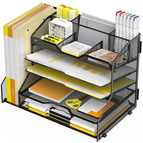YINGHUA 5-Tier Mesh Desk Organizer and File Holder, Letter Tray - Black - color: 5 Tier With File Holder-black