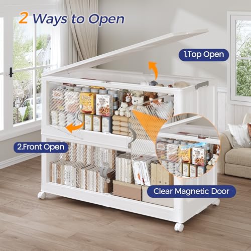 480QT Extra Large Stackable Storage Bins with Lid, 120Gal Plastic Closet Organizers and Storage Drawer, Collapsible Cabinet Box with Wheels Clear Doors for Home Kitchen Office, 3Pack White - size: 160QT