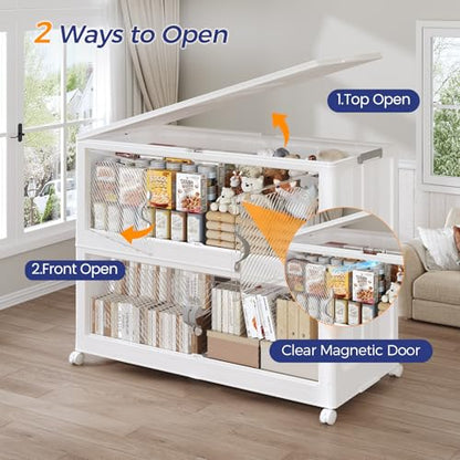 480QT Extra Large Stackable Storage Bins with Lid, 120Gal Plastic Closet Organizers and Storage Drawer, Collapsible Cabinet Box with Wheels Clear Doors for Home Kitchen Office, 3Pack White - size: 160QT