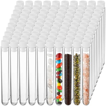 100 Pake 8 ml Clear Test Tubes with Caps 12x100mm Plastic Vials Test Tubes for Scientific Experiments Halloween Christmas Scientific Themed Birthday Party Supplies Candy Storage (White) - color: White