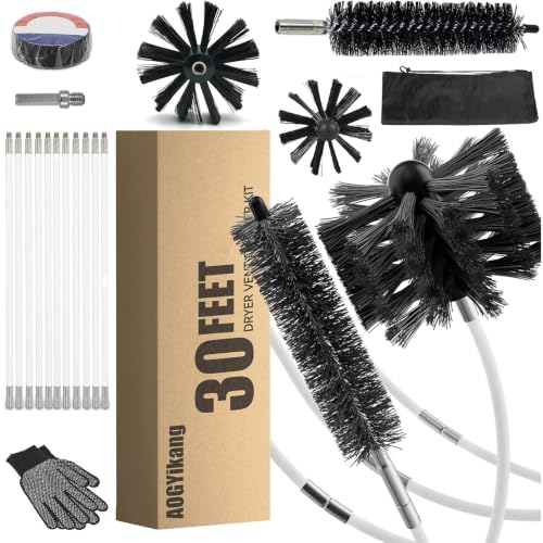 30 Feet Dryer Vent Cleaning Brush Kit, Multi-Purpose lint Cleaning Brush with 4" and 6" Brush Head, Professional Lint Cleaning Accessories for Chimneys, Ducts, Dryers, Crevices
