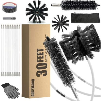 30 Feet Dryer Vent Cleaning Brush Kit, Multi-Purpose lint Cleaning Brush with 4" and 6" Brush Head, Professional Lint Cleaning Accessories for Chimneys, Ducts, Dryers, Crevices