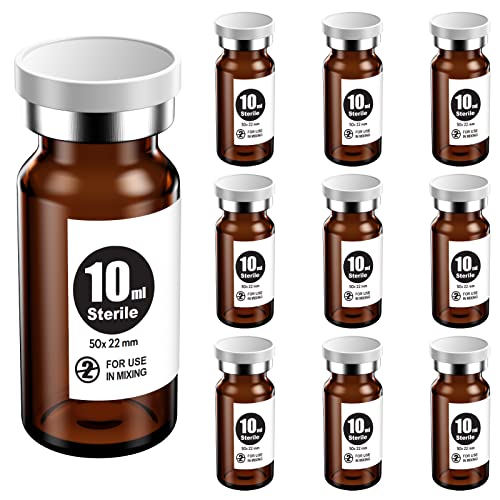 Ks-Tek Sterile Empty Vials with Self Healing Injection Port,with Aluminum Plastic Cap,Sterile Package (10ml Amber,10) - size: 10ml Amber
