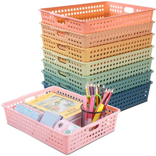 8 Pack Boho Plastic Turn in Paper Trays for Classroom Storage Bin Basket Organizers for School Teacher Supplies Classroom Office Home Organization and Storage Tray Holds 4A Paper File - color: Boho