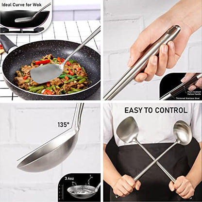 17″ Wok Utensils - Wok Spatula and Ladle, Skimmer Spoon, Slotted Spatula - color: 4-Pieces