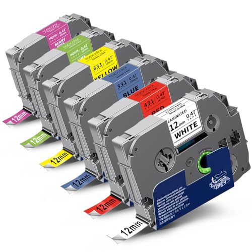 6-Pack Tze 12mm 0.47" Multi-Color Compatible for Brother 12mm Label Tape - color: Black on White/Red/Blue/Yellow/White on Berry Pink/Lime Green, size: 0.47 inch (12mm)