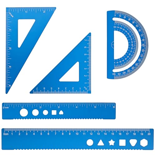 5 Pcs Metal Geometry Set, Math Drafting Ruler Kit- Aluminum Triangle Rulers, Protractor, 8 Inch and 6 Inch Drawing Ruler, Measuring Tool for School and Office Supplies (Blue) - color: Blue