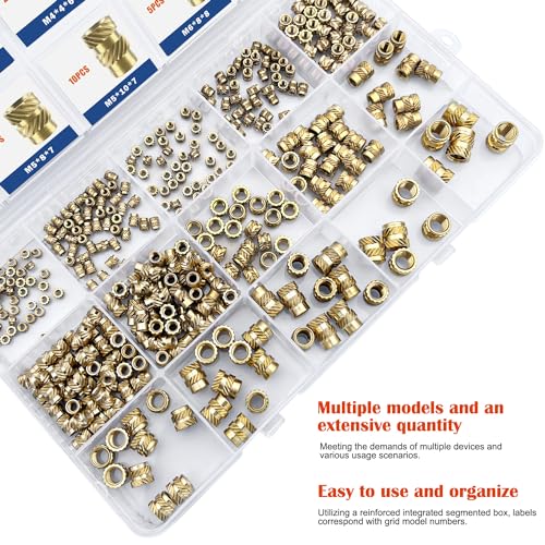 400Pcs Metric Heat Set Insert, M2 M2.5 M3 M4 M5 M6 Female Thread Knurled Nuts Assortment Kit, Brass Threaded Inserts for Plastic and 3D Printing Components (Threaded Inserts Ket)