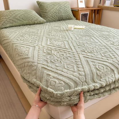 European Damask Embossed Plush Fitted Sheet,Full,Green,54x76inch - color: Green, size: Full(54"×76")