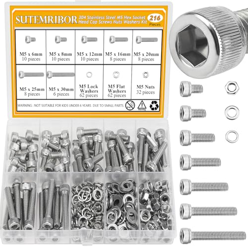 216 Pieces M5 Screws Nuts Washers Set, Sutemribor M5 x 6/8/12/16/20/25/30mm Hex Socket Head Cap Screws Nuts Washers Assortment Kit, 304 Stainless Steel, Fully Threaded - size: M5, style: Socket Head