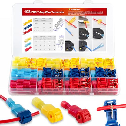 108 Pcs T-Tap Wire Connectors Kit, Quick Splice Self-Stripping Electrical Wire Terminals for Speaker Car Audio, Nylon Fully Insulated Male Quick Disconnects for Automotive Wiring (22-10 AWG)