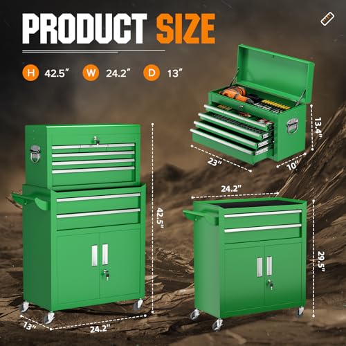 Oakcloud Heavy-Duty 8-Drawer Rolling Tool Chest & Cabinet Combo with Black Liner – Lockable Steel Garage Tool Box on Wheels – Detachable Top Toolbox & Bottom Storage Cart with Side Hooks, Green - color: Green, size: 8-Drawer