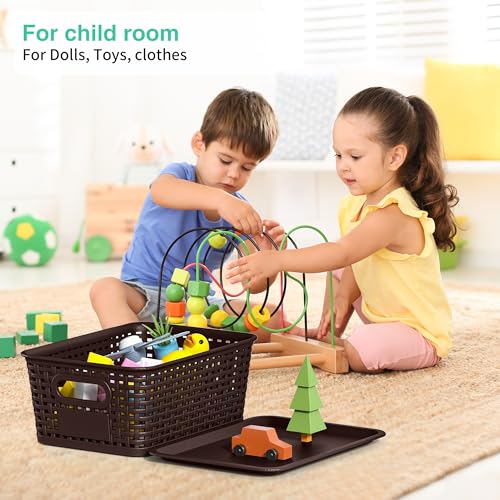 8 Pack Plastic Storage Baskets,Brown Stackable Bins with Lid - color: Brown