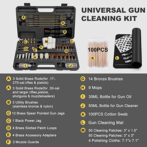 iunio Universal Gun Cleaning Kit, with Mat and Case, Full Brass Jags, Rods and Adapters, for All Guns, Rifle, Shotgun, Handgun, Pistol, Hunting, Shooting, All Caliber - color: Black
