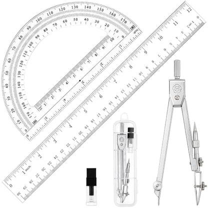 Coopay 3 Pcs Geometry Set, Clear Acrylic Ruler, Protractor and Compasses - size: 3 Pcs set