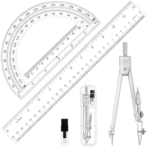 Coopay 3 Pcs Geometry Set, Clear Acrylic Ruler, Protractor and Compasses - size: 3 Pcs set