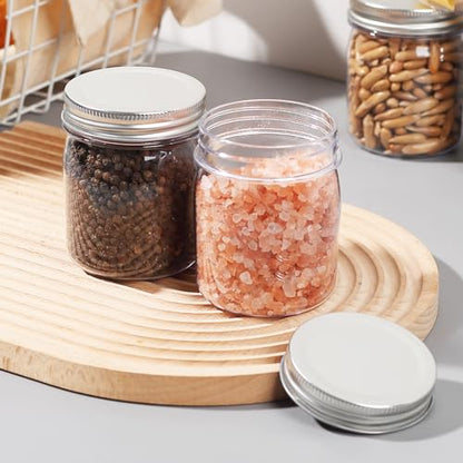 8 Ounce Clear Plastic Mason Jars With Screw On Lid, Reusable Empty Jars for Food Storage, Round BPA Free Containers for Sealing, Dry Food, Snacks, Candies, Breakage-proof, (Silver - 32 Pack)
