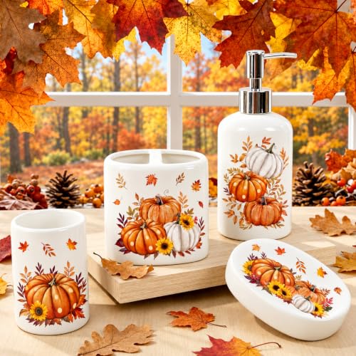 FYSUIMU 4Pcs Fall Thanksgiving Bathroom Accessories, Pumpkin Leaves