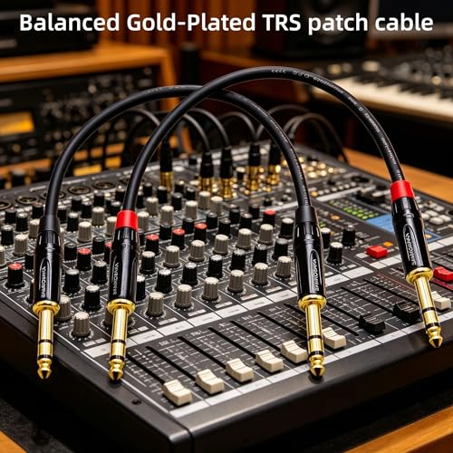 1/4 Inch TRS Cable 1 Foot 2-Pack, 6.35mm Balanced Male to Male Patch Cable, Gold Plated OFC Noise Rejection for Studio Monitor, Mixer, Amplifier, Keyboard, DJ Equipment, Audio Interface