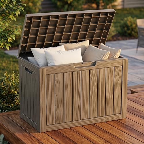 NicBex 45 Gallon Deck Box, Waterproof Resin Outdoor Storage Box Lockable for Patio Furniture, Fade Resistant Patio Side Table & Organizer for Garden Tools, Pool Floats, Outdoor Cushions, Light Coffee - color: Lignt Coffee-wk