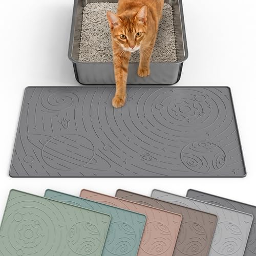 OHMO Cat Litter Mat Small 18.9x11.8in, Dark Grey Silicone Rubber Scatter Control Kitty Litter Box Trapping Mat, Waterproof Easy to Clean, Odorless Pet Supplies, Indoor Cat Essentials - color: Dark Grey